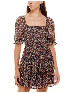 Trixxi | Black Pink Floral Puff Sleeve Mini Dress Square Neck | Size M